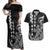 Cook Islands Vaa Polynesian Art Tattoo Couples Matching Off Shoulder Maxi Dress and Hawaiian Shirt Black Color