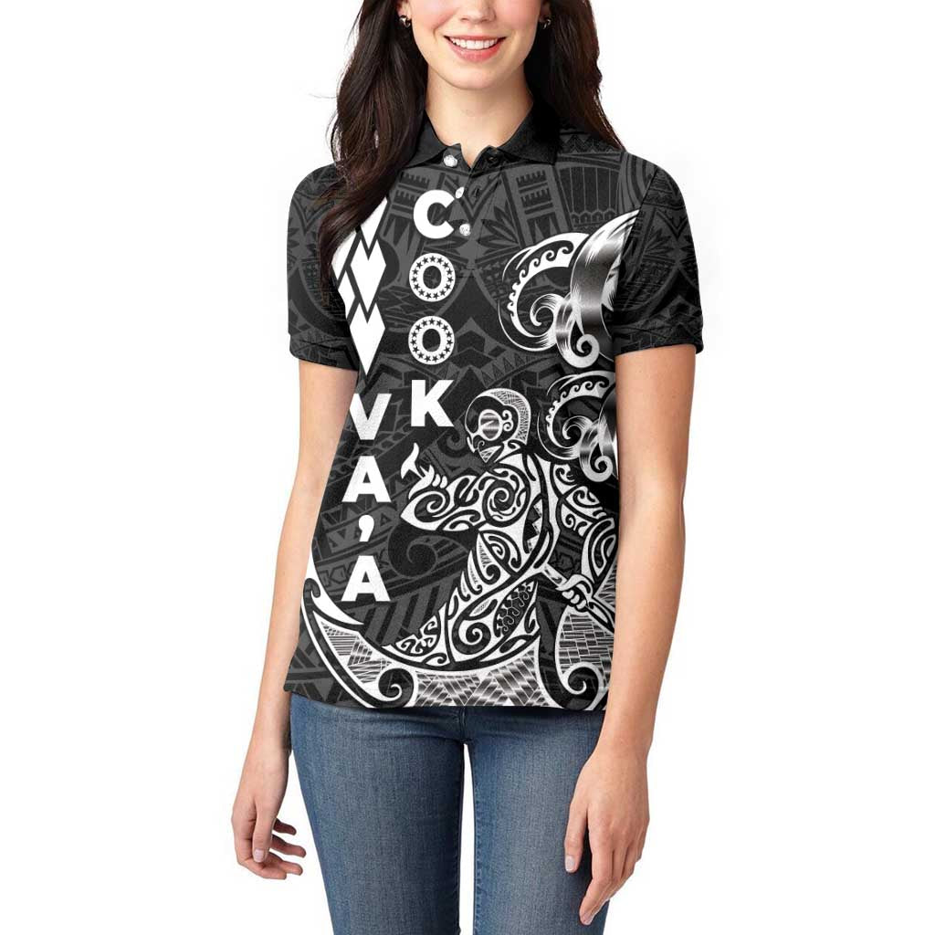 Cook Islands Va'a Polynesian Art Tattoo Women Polo Shirt Black Color LT03 - Polynesian Pride