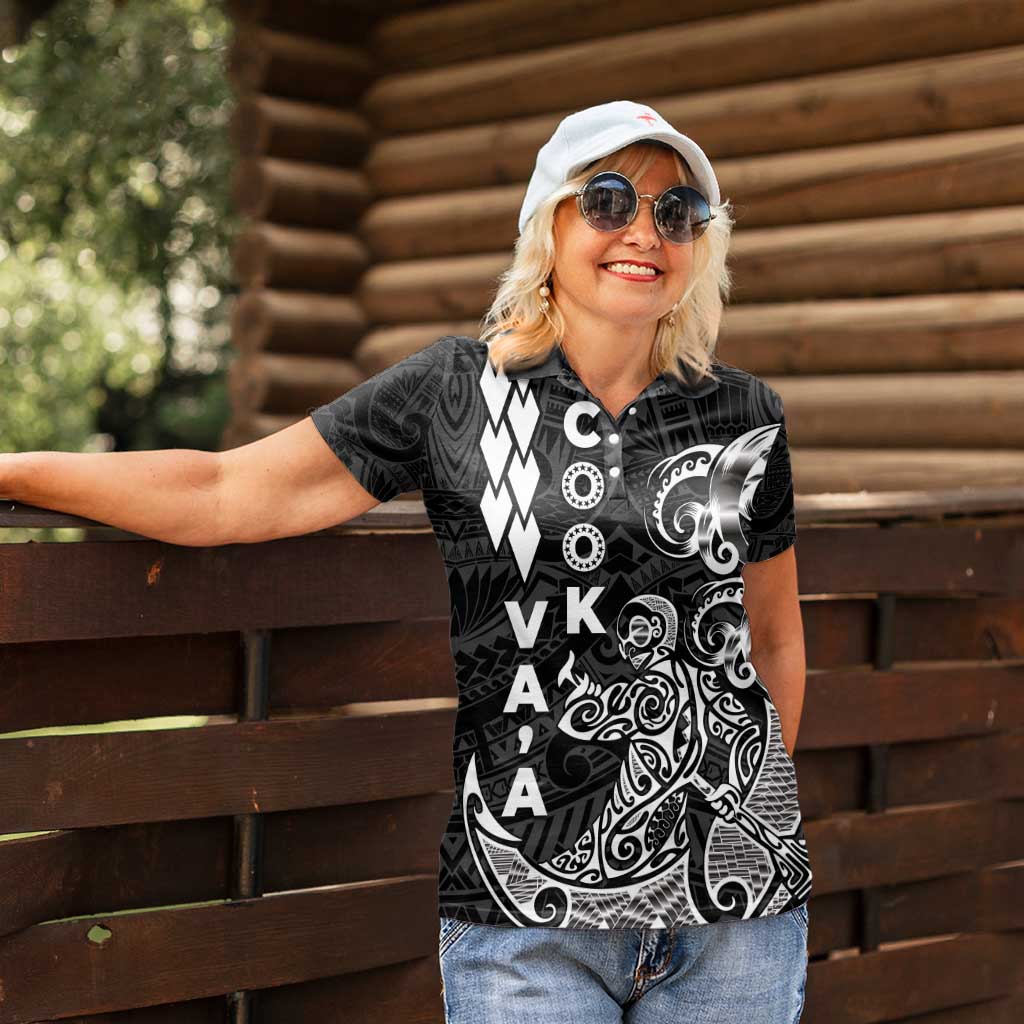 Cook Islands Va'a Polynesian Art Tattoo Women Polo Shirt Black Color LT03 - Polynesian Pride
