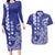 Cook Islands Vaa Polynesian Art Tattoo Couples Matching Long Sleeve Bodycon Dress and Hawaiian Shirt Blue Color