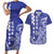 Cook Islands Vaa Polynesian Art Tattoo Couples Matching Short Sleeve Bodycon Dress and Hawaiian Shirt Blue Color