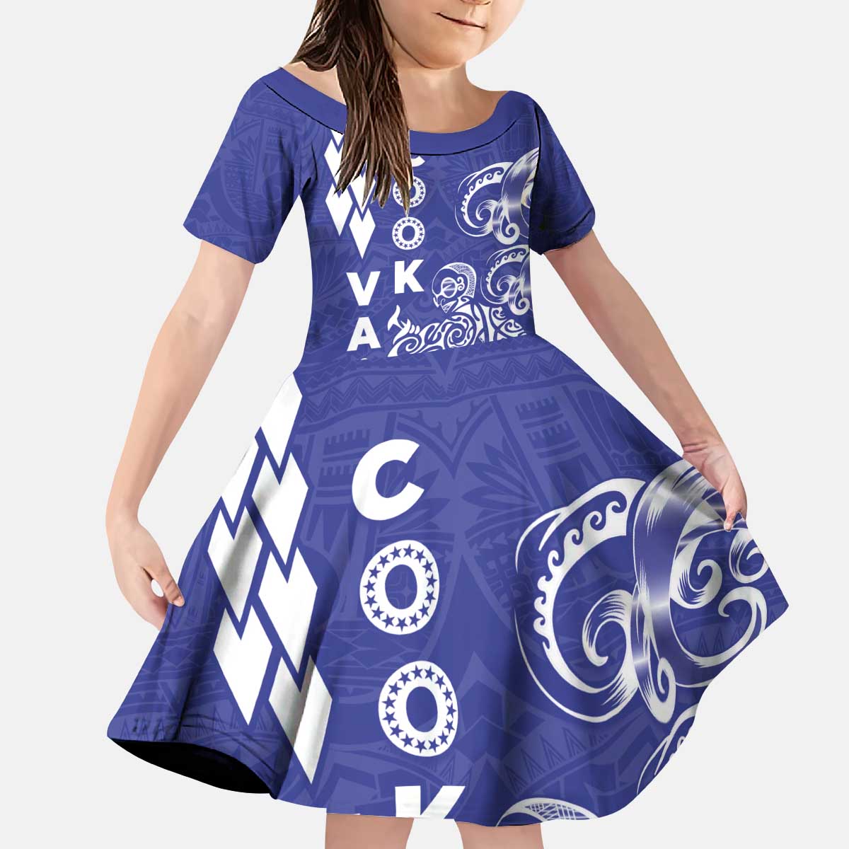 Cook Islands Va'a Polynesian Art Tattoo Kid Short Sleeve Dress Blue Color LT03 KID Blue - Polynesian Pride