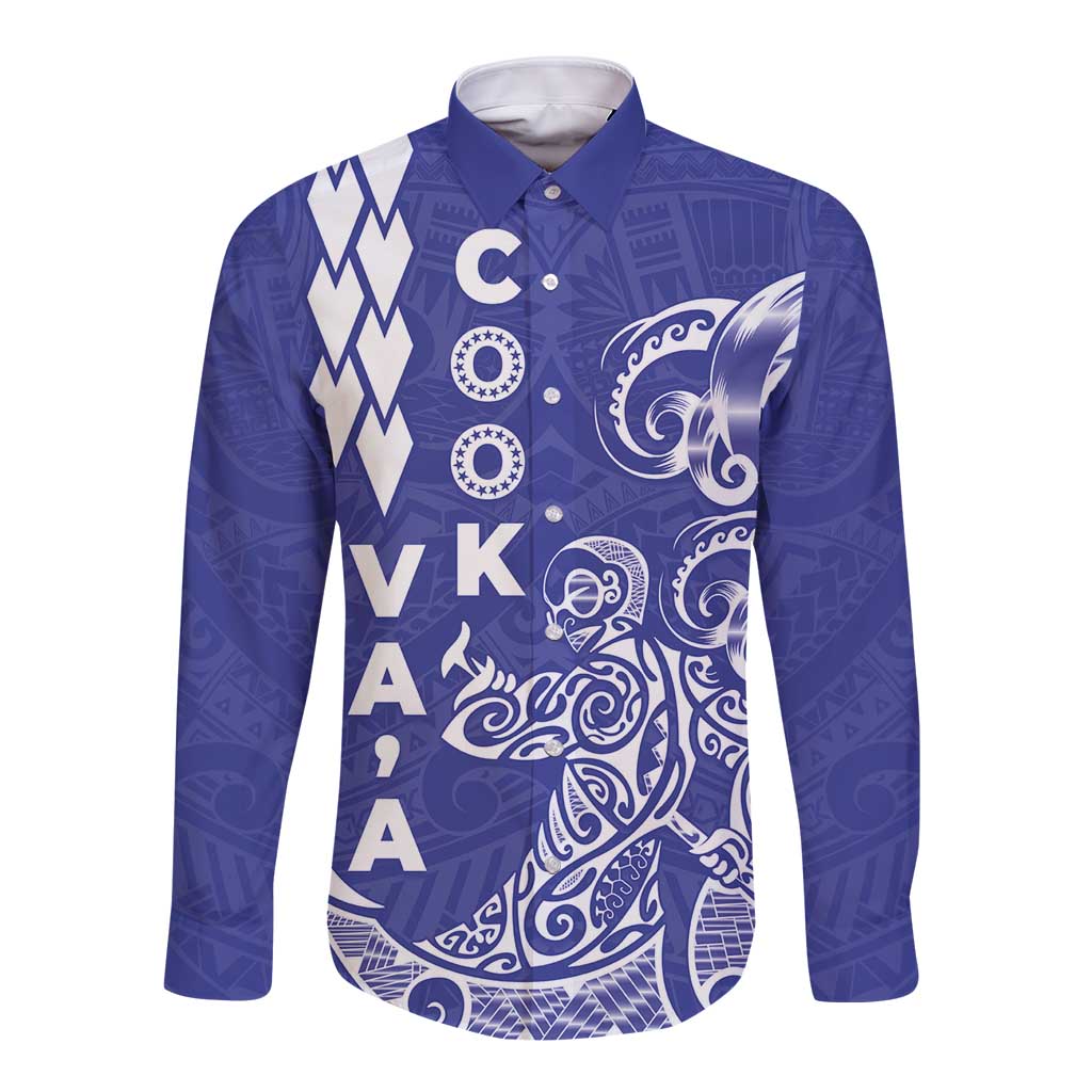 Cook Islands Va'a Polynesian Art Tattoo Long Sleeve Button Shirt Blue Color LT03 Unisex Blue - Polynesian Pride