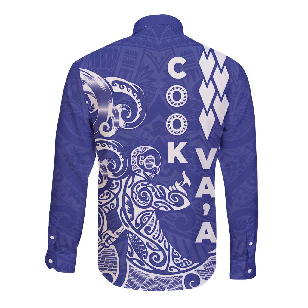 Cook Islands Va'a Polynesian Art Tattoo Long Sleeve Button Shirt Blue Color LT03 - Polynesian Pride