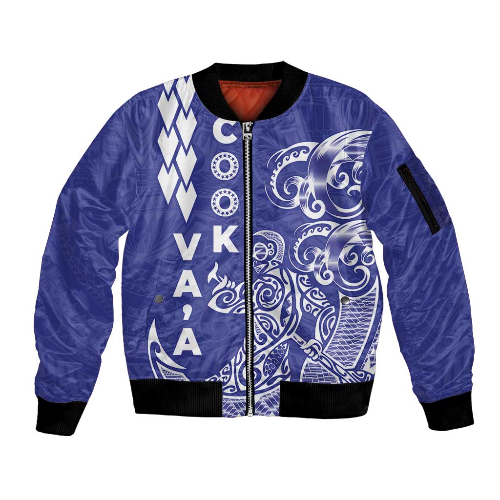 Cook Islands Va'a Polynesian Art Tattoo Sleeve Zip Bomber Jacket Blue Color LT03 Unisex Blue - Polynesian Pride