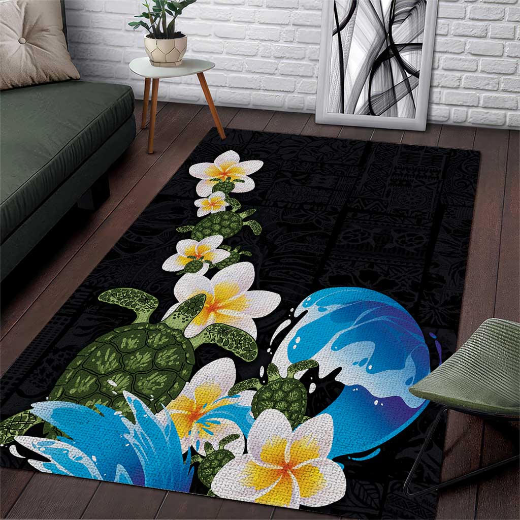 Hawaiian Plumeria and Turtle Area Rug with Polynesian Tribal Art Pattern Vintage Vibes LT03 Black - Polynesian Pride
