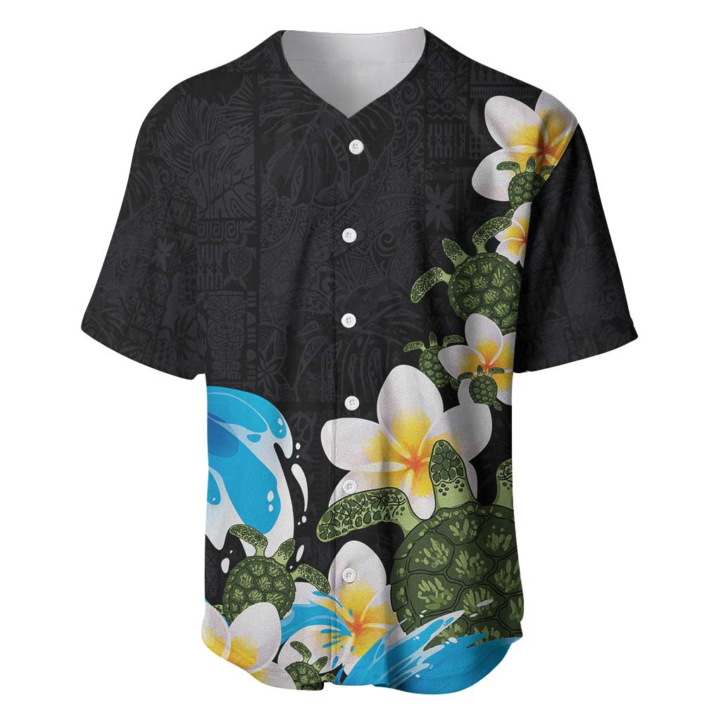 Hawaiian Plumeria and Turtle Baseball Jersey with Polynesian Tribal Art Pattern Vintage Vibes LT03 Black - Polynesian Pride