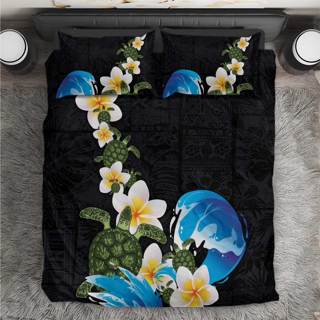 Hawaiian Plumeria and Turtle Bedding Set with Polynesian Tribal Art Pattern Vintage Vibes LT03 Black - Polynesian Pride