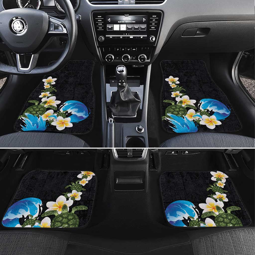 Hawaiian Plumeria and Turtle Car Mats with Polynesian Tribal Art Pattern Vintage Vibes LT03 Set 4pcs Black - Polynesian Pride
