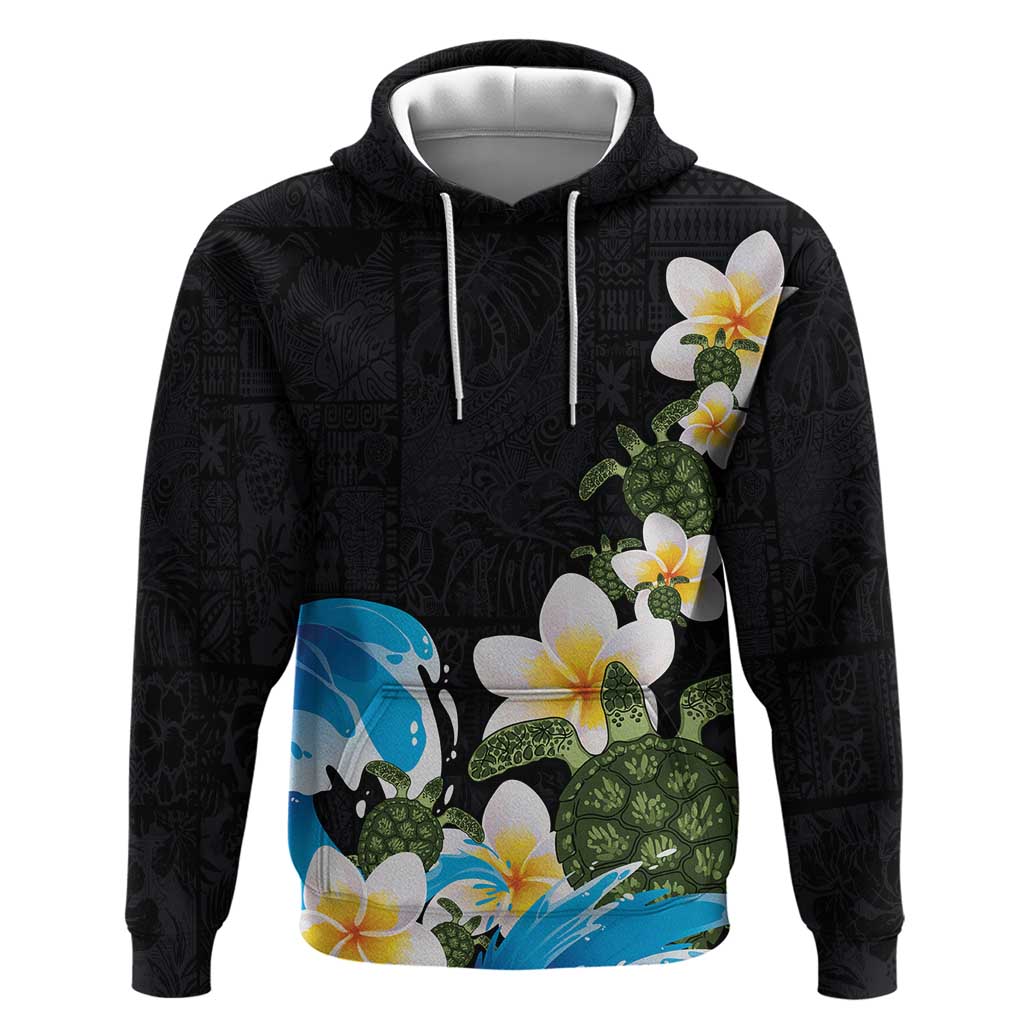 Hawaiian Plumeria and Turtle Hoodie with Polynesian Tribal Art Pattern Vintage Vibes LT03 Pullover Hoodie Black - Polynesian Pride