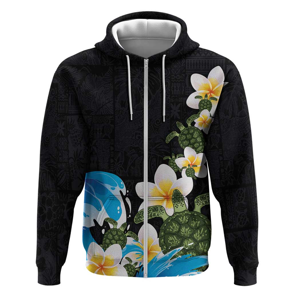 Hawaiian Plumeria and Turtle Hoodie with Polynesian Tribal Art Pattern Vintage Vibes LT03 Zip Hoodie Black - Polynesian Pride