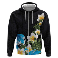 Hawaiian Plumeria and Turtle Hoodie with Polynesian Tribal Art Pattern Vintage Vibes LT03 Zip Hoodie Black - Polynesian Pride