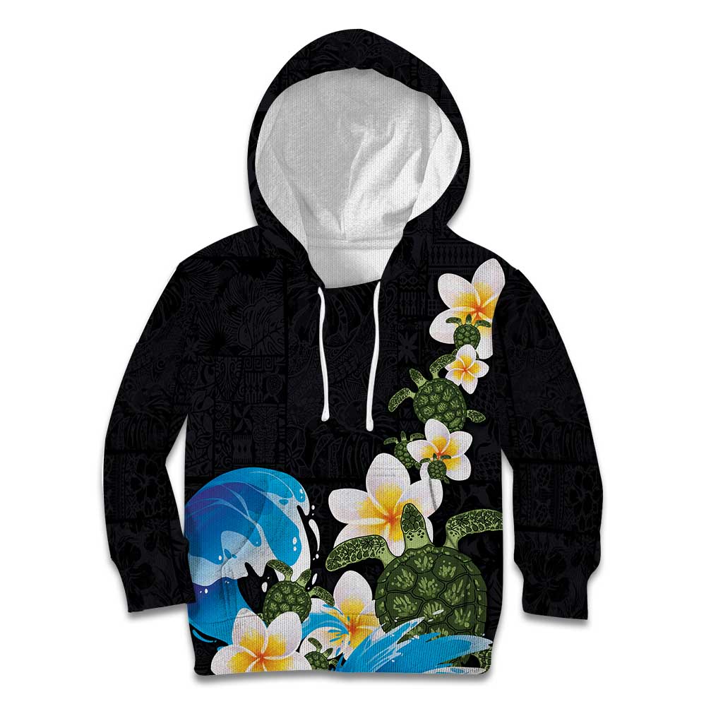 Hawaiian Plumeria and Turtle Kid Hoodie with Polynesian Tribal Art Pattern Vintage Vibes LT03 Hoodie Black - Polynesian Pride