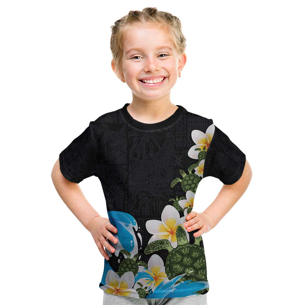 Hawaiian Plumeria and Turtle Kid T Shirt with Polynesian Tribal Art Pattern Vintage Vibes LT03 Black - Polynesian Pride