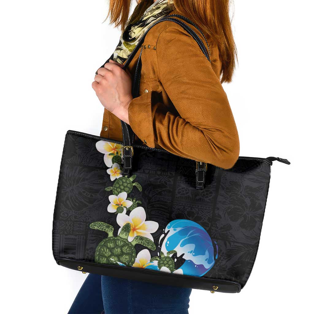 Hawaiian Plumeria and Turtle Leather Tote Bag with Polynesian Tribal Art Pattern Vintage Vibes LT03 Black - Polynesian Pride