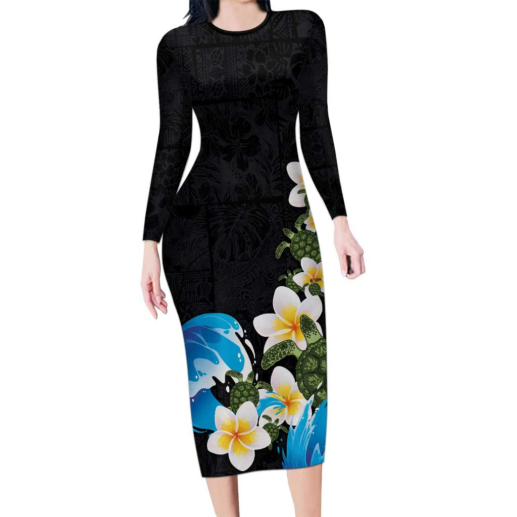 Hawaiian Plumeria and Turtle Long Sleeve Bodycon Dress with Polynesian Tribal Art Pattern Vintage Vibes LT03 Long Dress Black - Polynesian Pride
