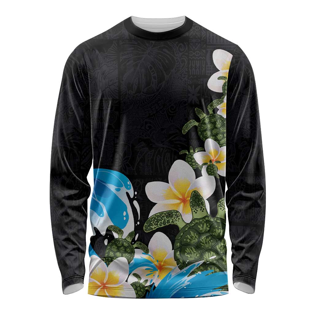 Hawaiian Plumeria and Turtle Long Sleeve Shirt with Polynesian Tribal Art Pattern Vintage Vibes LT03 Unisex Black - Polynesian Pride