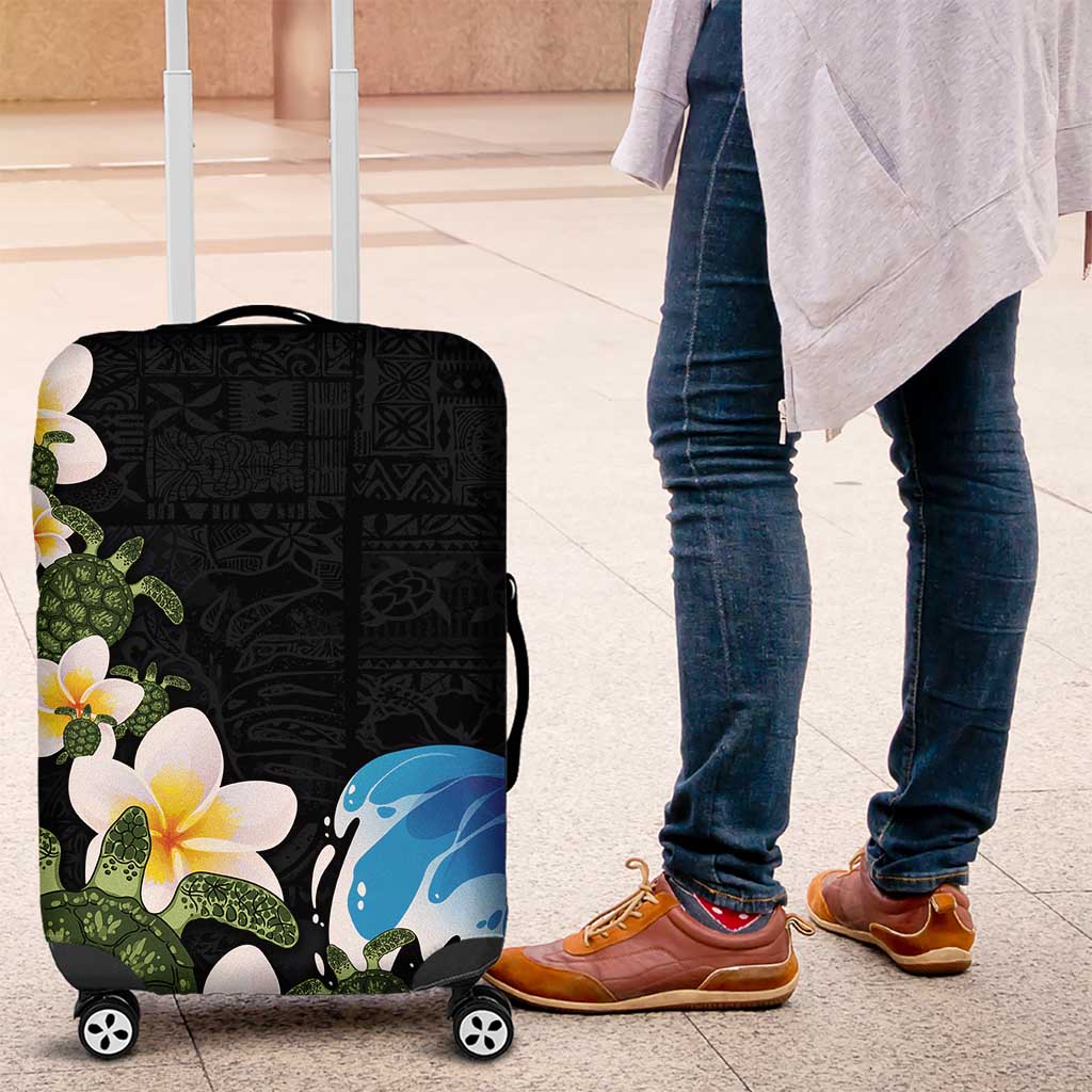 Hawaiian Plumeria and Turtle Luggage Cover with Polynesian Tribal Art Pattern Vintage Vibes LT03 Black - Polynesian Pride