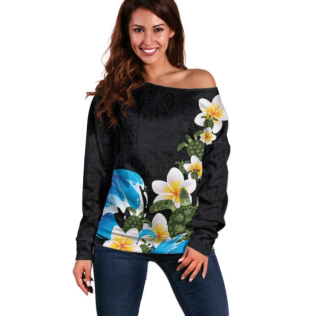 Hawaiian Plumeria and Turtle Off Shoulder Sweater with Polynesian Tribal Art Pattern Vintage Vibes LT03 Women Black - Polynesian Pride