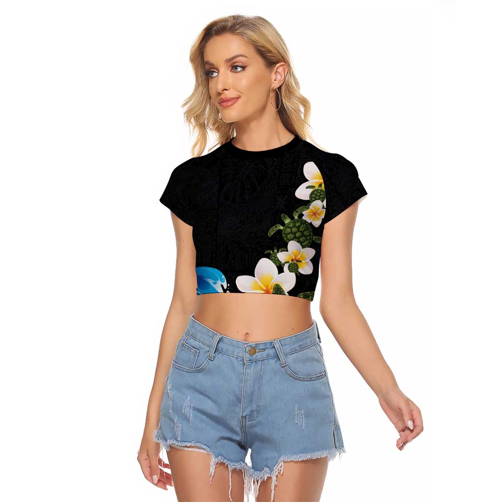 Hawaiian Plumeria and Turtle Raglan Cropped T Shirt with Polynesian Tribal Art Pattern Vintage Vibes LT03 Female Black - Polynesian Pride