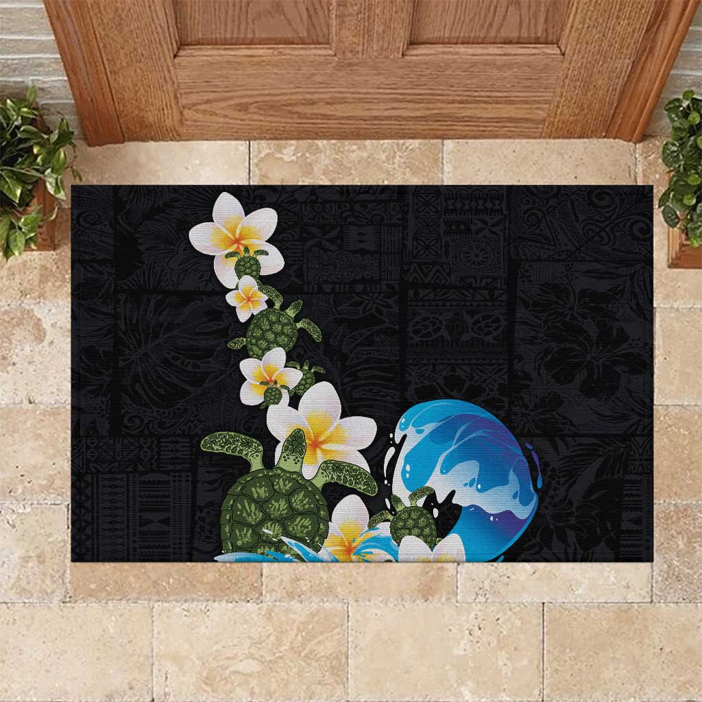Hawaiian Plumeria and Turtle Rubber Doormat with Polynesian Tribal Art Pattern Vintage Vibes LT03 Black - Polynesian Pride