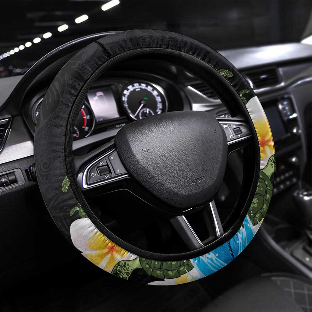 Hawaiian Plumeria and Turtle Steering Wheel Cover with Polynesian Tribal Art Pattern Vintage Vibes LT03 Universal Fit Black - Polynesian Pride