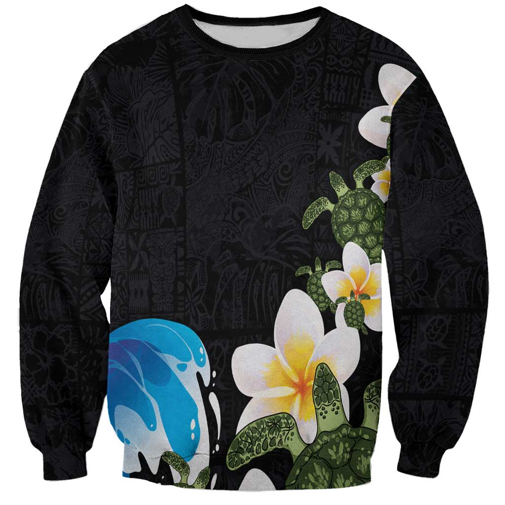 Hawaiian Plumeria and Turtle Sweatshirt with Polynesian Tribal Art Pattern Vintage Vibes LT03 Unisex Black - Polynesian Pride