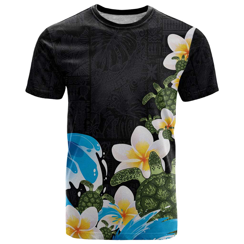 Hawaiian Plumeria and Turtle T Shirt with Polynesian Tribal Art Pattern Vintage Vibes LT03 Black - Polynesian Pride