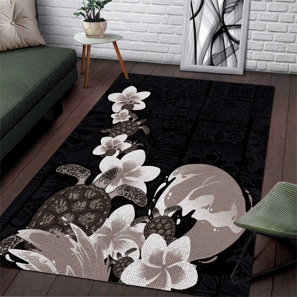 Hawaiian Plumeria and Turtle Area Rug with Polynesian Tribal Art Pattern Grayscale Color LT03 Black - Polynesian Pride