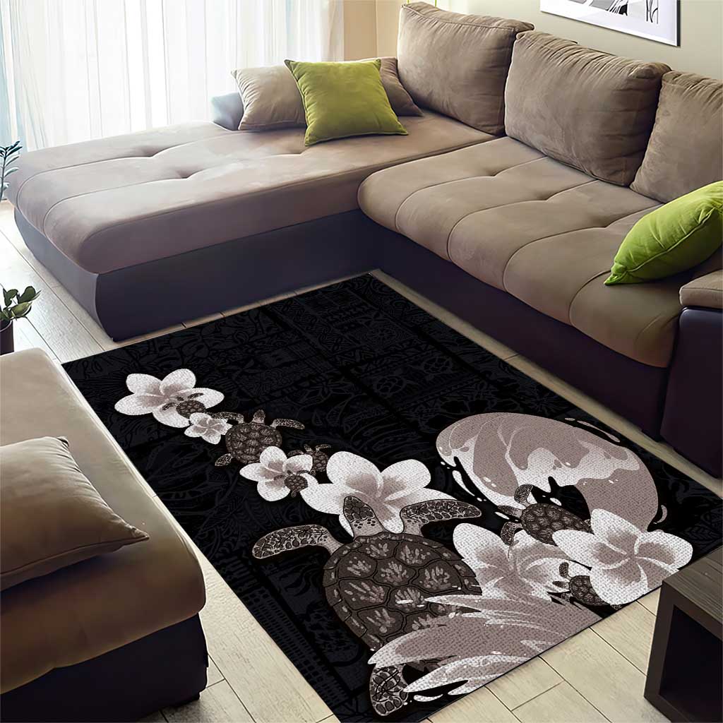 Hawaiian Plumeria and Turtle Area Rug with Polynesian Tribal Art Pattern Grayscale Color LT03 - Polynesian Pride