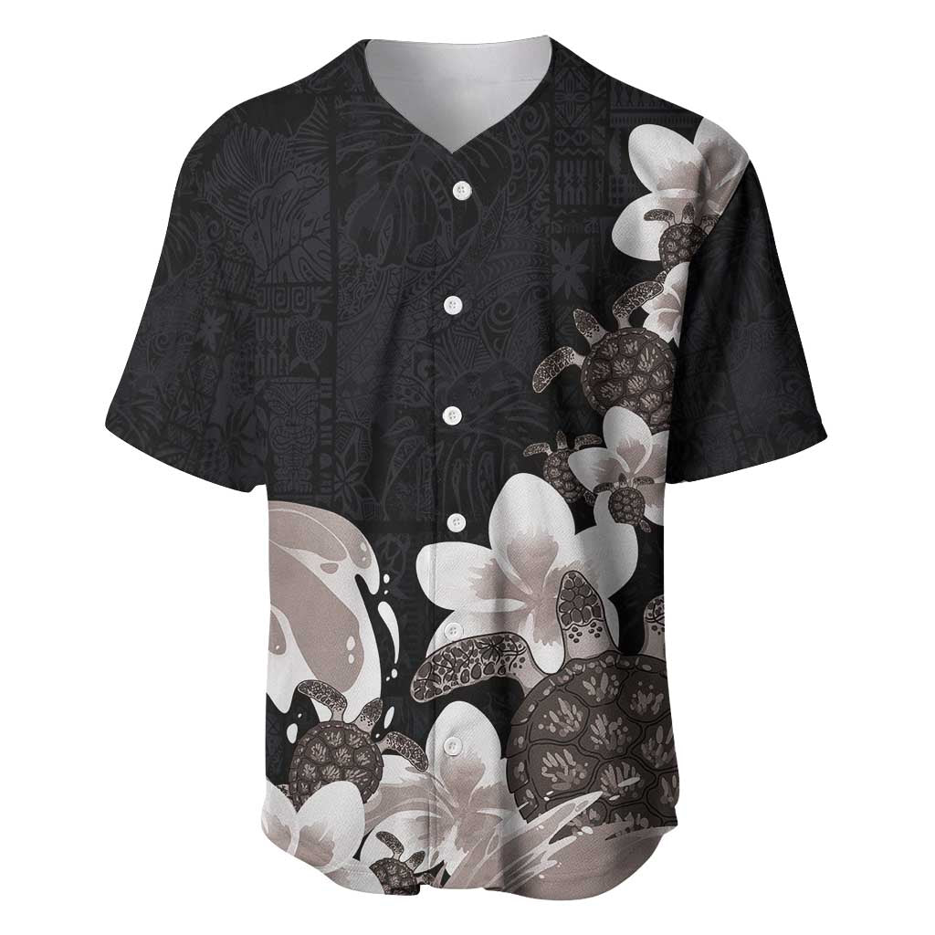 Hawaiian Plumeria and Turtle Baseball Jersey with Polynesian Tribal Art Pattern Grayscale Color LT03 Black - Polynesian Pride