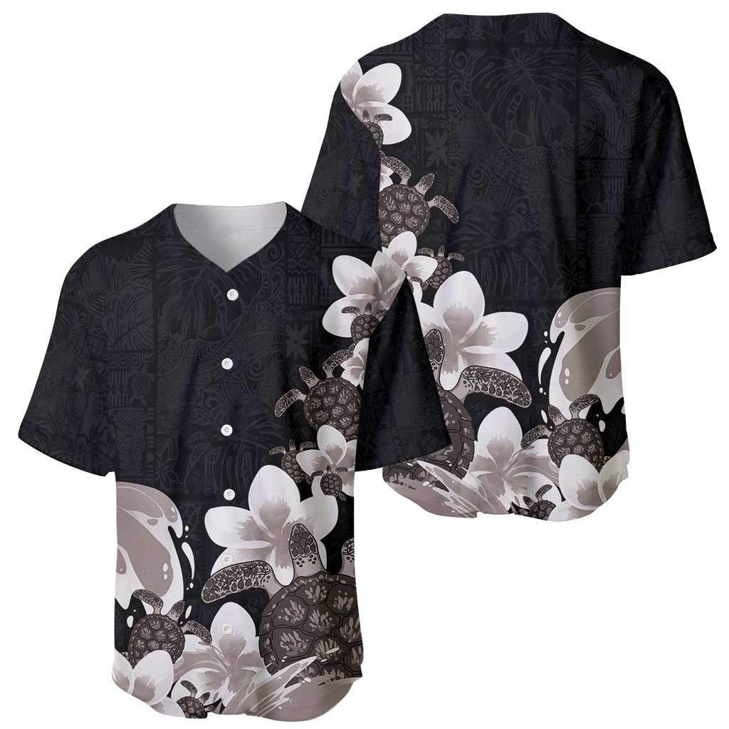 Hawaiian Plumeria and Turtle Baseball Jersey with Polynesian Tribal Art Pattern Grayscale Color LT03 - Polynesian Pride