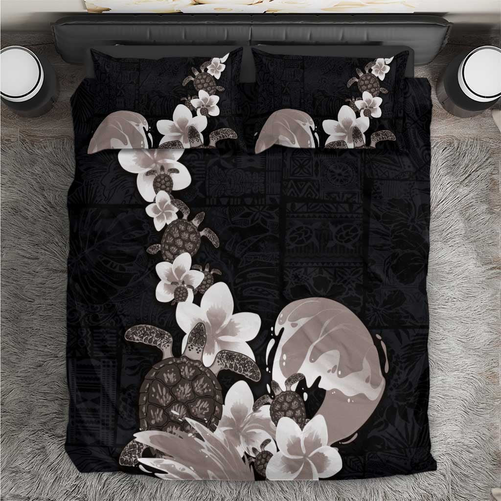 Hawaiian Plumeria and Turtle Bedding Set with Polynesian Tribal Art Pattern Grayscale Color LT03 Black - Polynesian Pride