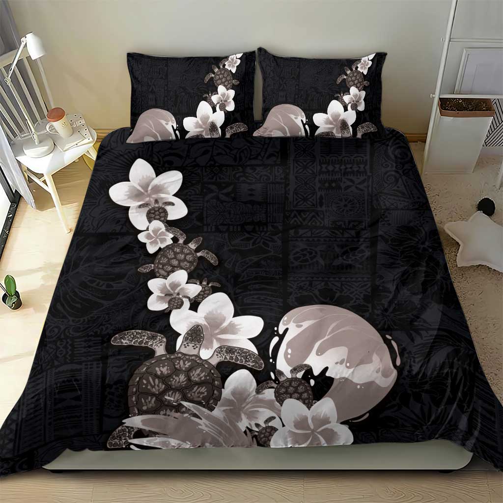 Hawaiian Plumeria and Turtle Bedding Set with Polynesian Tribal Art Pattern Grayscale Color LT03 - Polynesian Pride