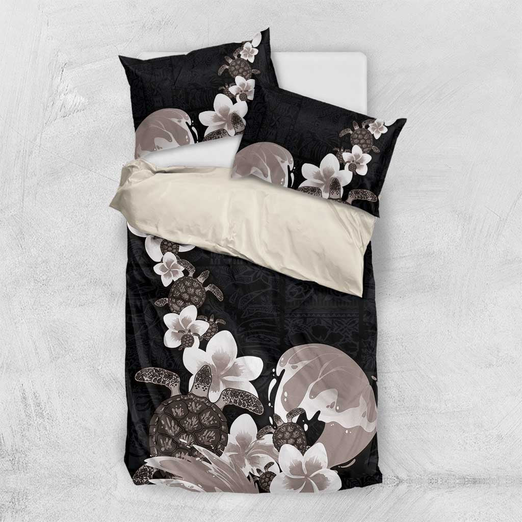 Hawaiian Plumeria and Turtle Bedding Set with Polynesian Tribal Art Pattern Grayscale Color LT03 US Twin 172cm x 218cm Black - Polynesian Pride