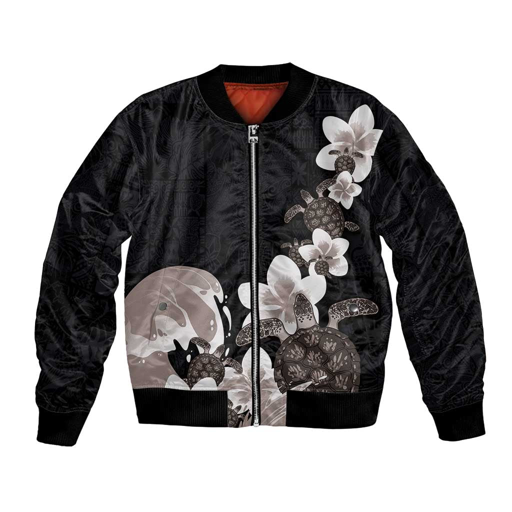 Hawaiian Plumeria and Turtle Bomber Jacket with Polynesian Tribal Art Pattern Grayscale Color LT03 Unisex Black - Polynesian Pride