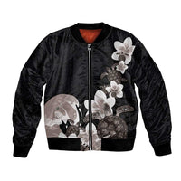 Hawaiian Plumeria and Turtle Bomber Jacket with Polynesian Tribal Art Pattern Grayscale Color LT03 Unisex Black - Polynesian Pride