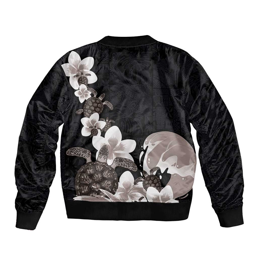 Hawaiian Plumeria and Turtle Bomber Jacket with Polynesian Tribal Art Pattern Grayscale Color LT03 - Polynesian Pride