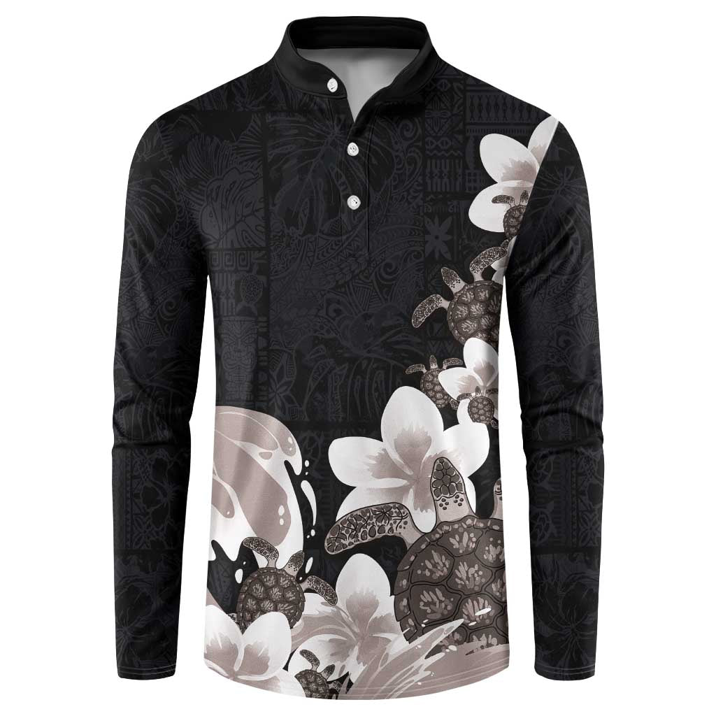 Hawaiian Plumeria and Turtle Button Sweatshirt with Polynesian Tribal Art Pattern Grayscale Color LT03 Black - Polynesian Pride