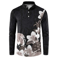 Hawaiian Plumeria and Turtle Button Sweatshirt with Polynesian Tribal Art Pattern Grayscale Color LT03 Black - Polynesian Pride