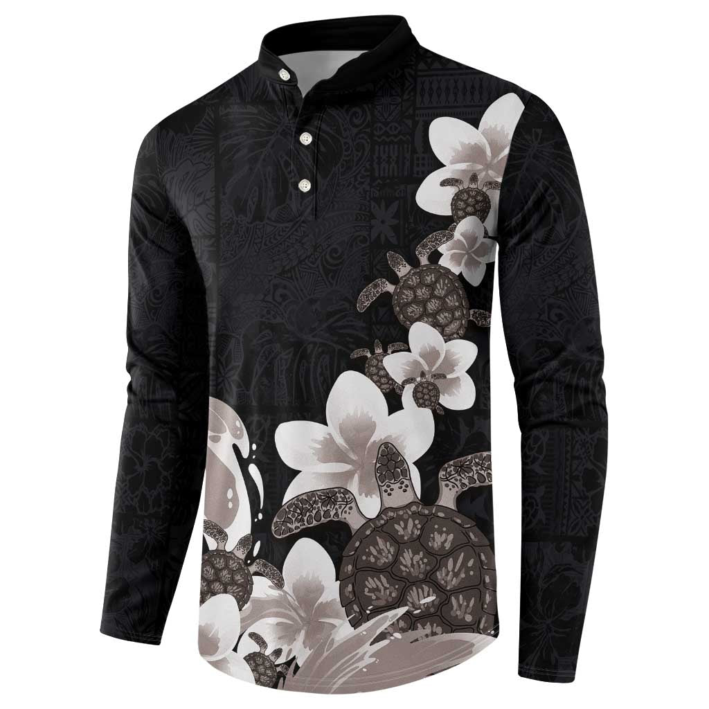 Hawaiian Plumeria and Turtle Button Sweatshirt with Polynesian Tribal Art Pattern Grayscale Color LT03 - Polynesian Pride