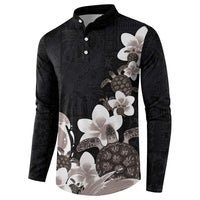 Hawaiian Plumeria and Turtle Button Sweatshirt with Polynesian Tribal Art Pattern Grayscale Color LT03 - Polynesian Pride