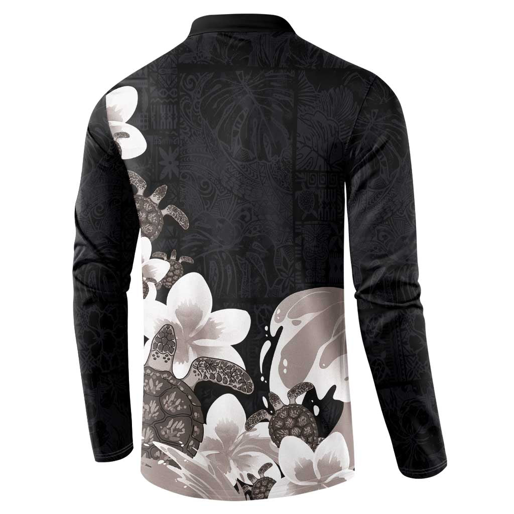 Hawaiian Plumeria and Turtle Button Sweatshirt with Polynesian Tribal Art Pattern Grayscale Color LT03 - Polynesian Pride