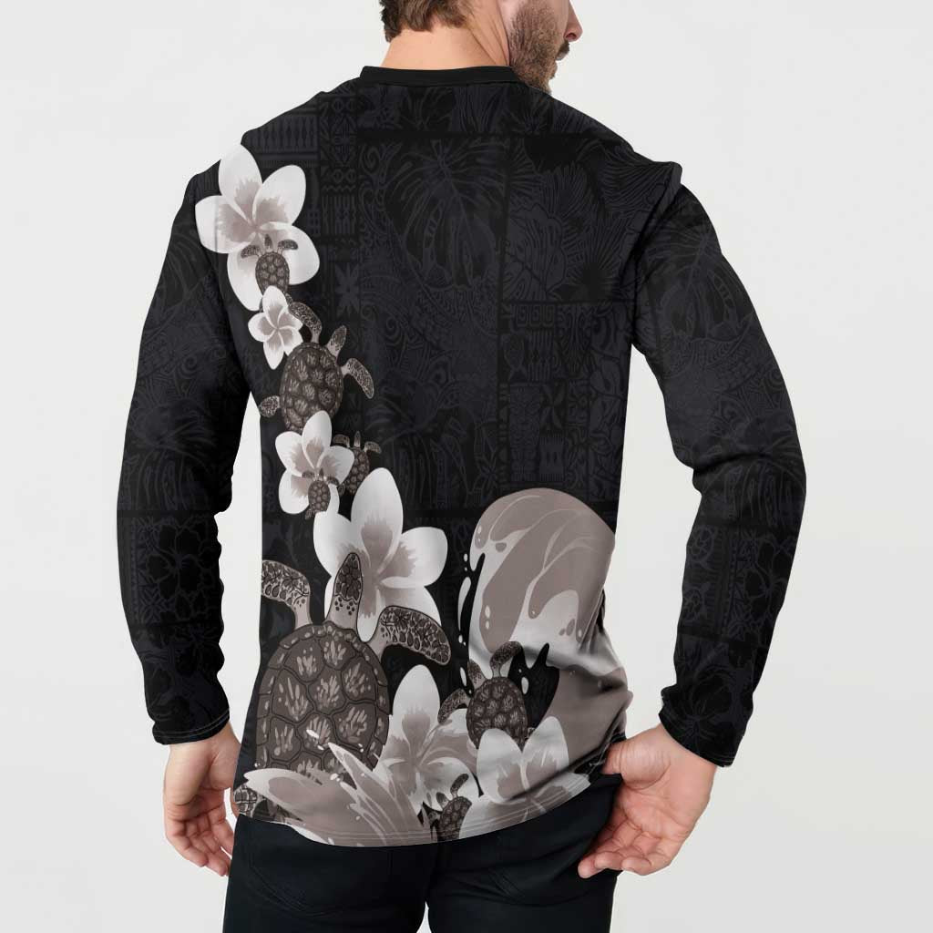 Hawaiian Plumeria and Turtle Button Sweatshirt with Polynesian Tribal Art Pattern Grayscale Color LT03 - Polynesian Pride