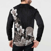 Hawaiian Plumeria and Turtle Button Sweatshirt with Polynesian Tribal Art Pattern Grayscale Color LT03 - Polynesian Pride