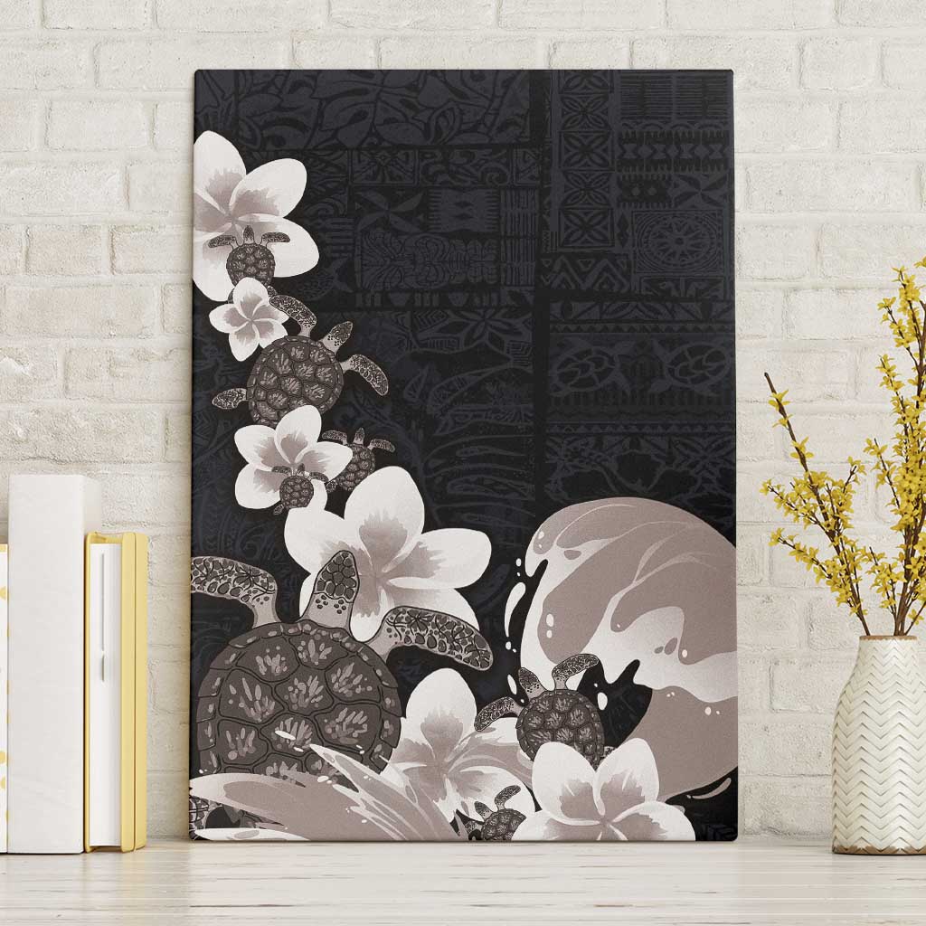 Hawaiian Plumeria and Turtle Canvas Wall Art with Polynesian Tribal Art Pattern Grayscale Color LT03 Without Frame Black - Polynesian Pride