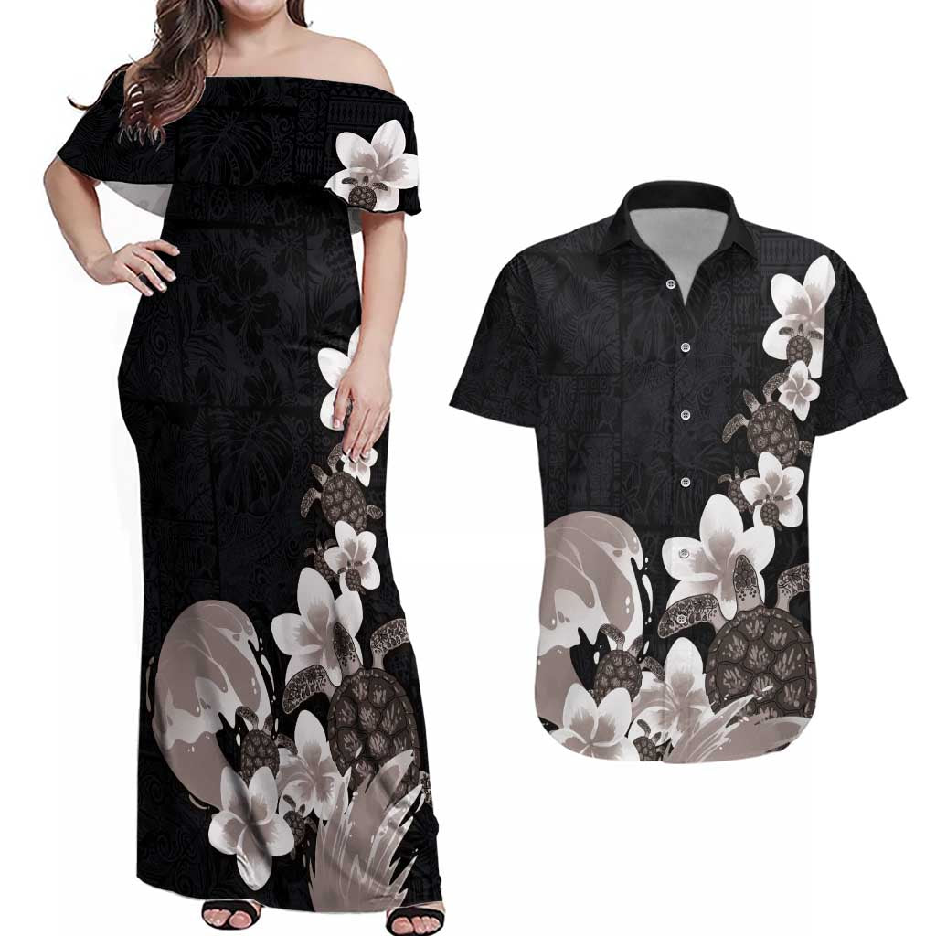 Hawaiian Plumeria and Turtle Couples Matching Off Shoulder Maxi Dress and Hawaiian Shirt with Polynesian Tribal Art Pattern Grayscale Color