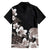 Hawaiian Plumeria and Turtle Family Matching Off The Shoulder Long Sleeve Dress and Hawaiian Shirt with Polynesian Tribal Art Pattern Grayscale Color