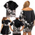 Hawaiian Plumeria and Turtle Family Matching Off Shoulder Short Dress and Hawaiian Shirt with Polynesian Tribal Art Pattern Grayscale Color