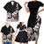 Hawaiian Plumeria and Turtle Family Matching Short Sleeve Bodycon Dress and Hawaiian Shirt with Polynesian Tribal Art Pattern Grayscale Color